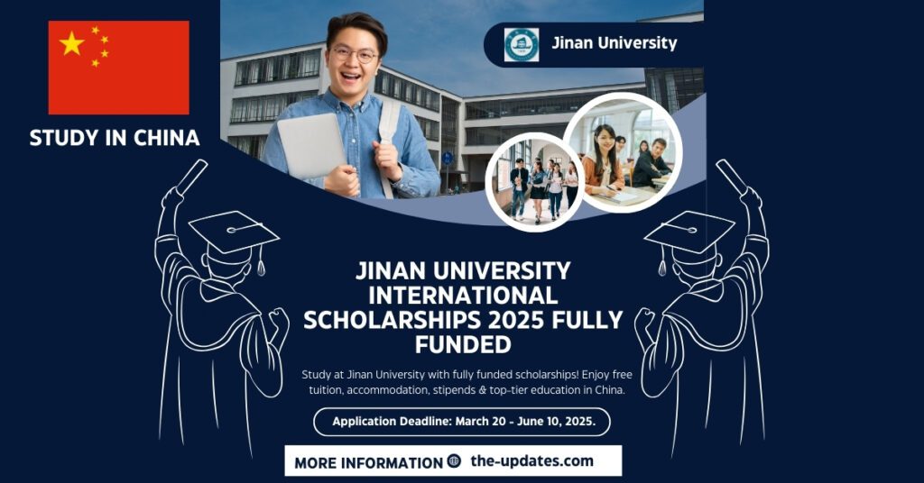 Jinan University campus with international students, highlighting scholarship opportunities, modern facilities, and a vibrant study environment.