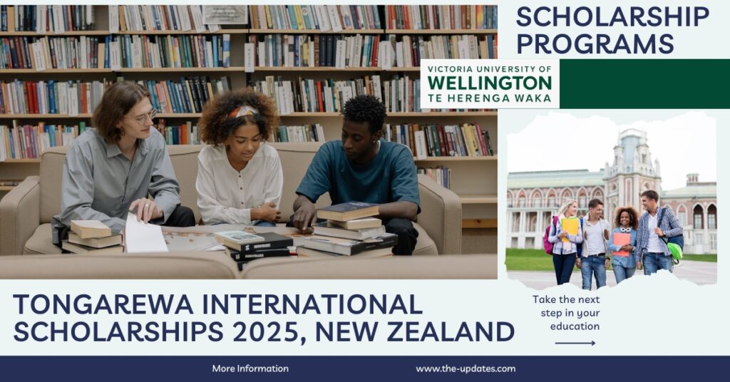 Victoria University of Wellington campus with students enjoying the outdoor scenery, promoting the Tongarewa International Scholarships.