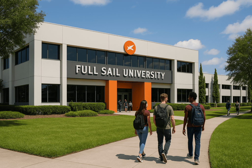 Full Sail University campus building with students walking, representing creative and technology-focused education environment."