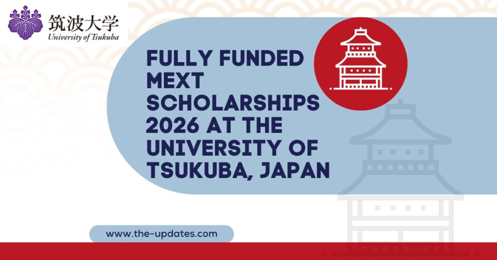 Students holding books and studying at the University of Tsukuba, Japan, with the MEXT Scholarship logo and a campus background.