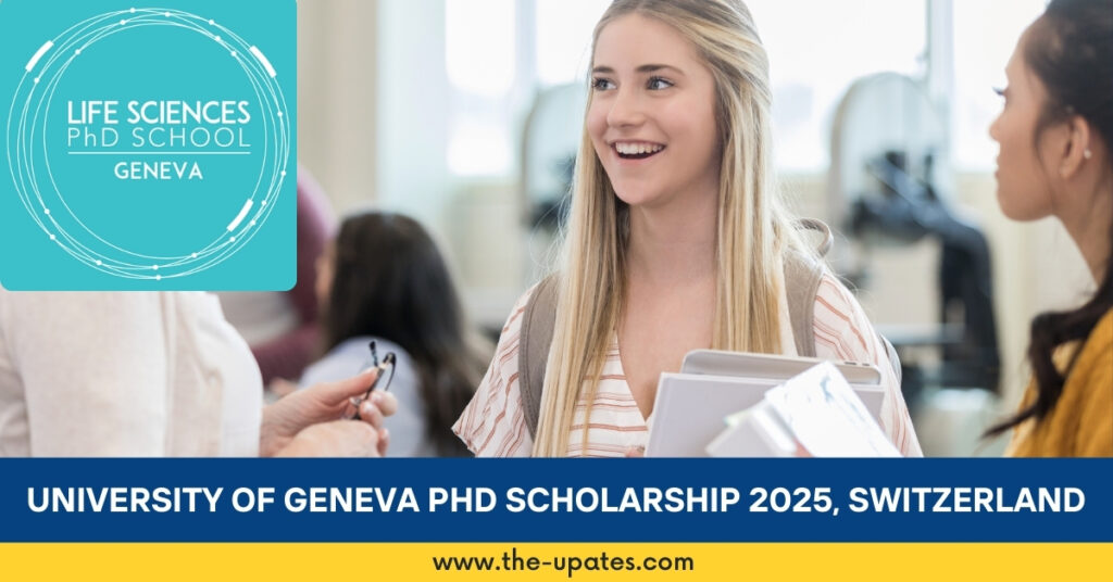 University of Geneva campus building with students and researchers, representing a fully funded PhD opportunity in genetics and evolution research.