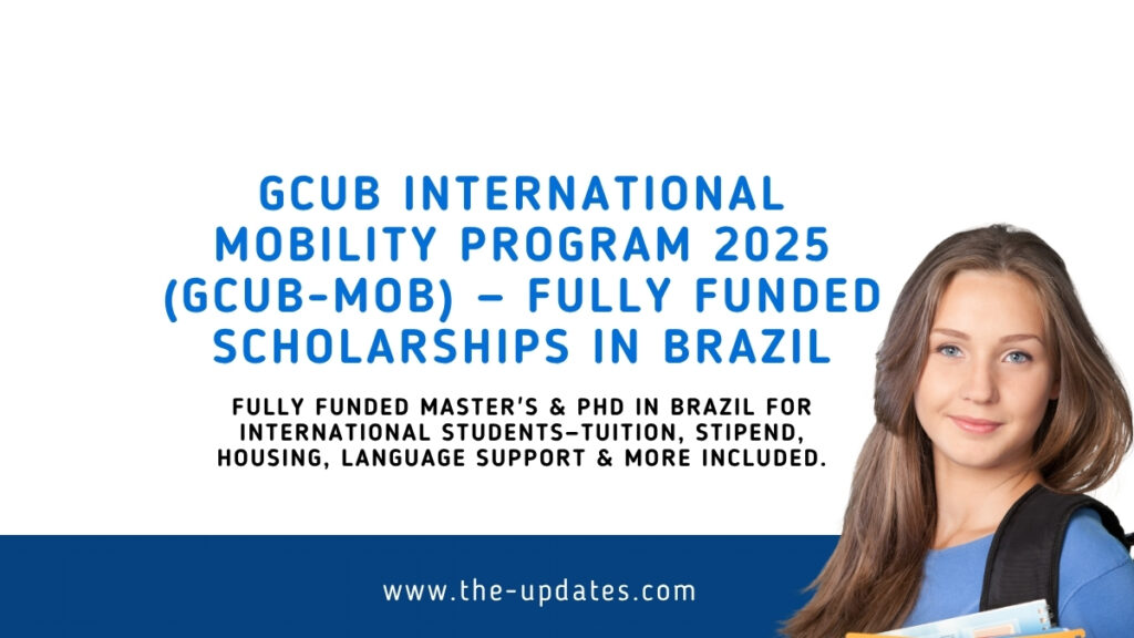 International students celebrating GCUB scholarship benefits, including tuition coverage, stipend, housing, and study in Brazil.