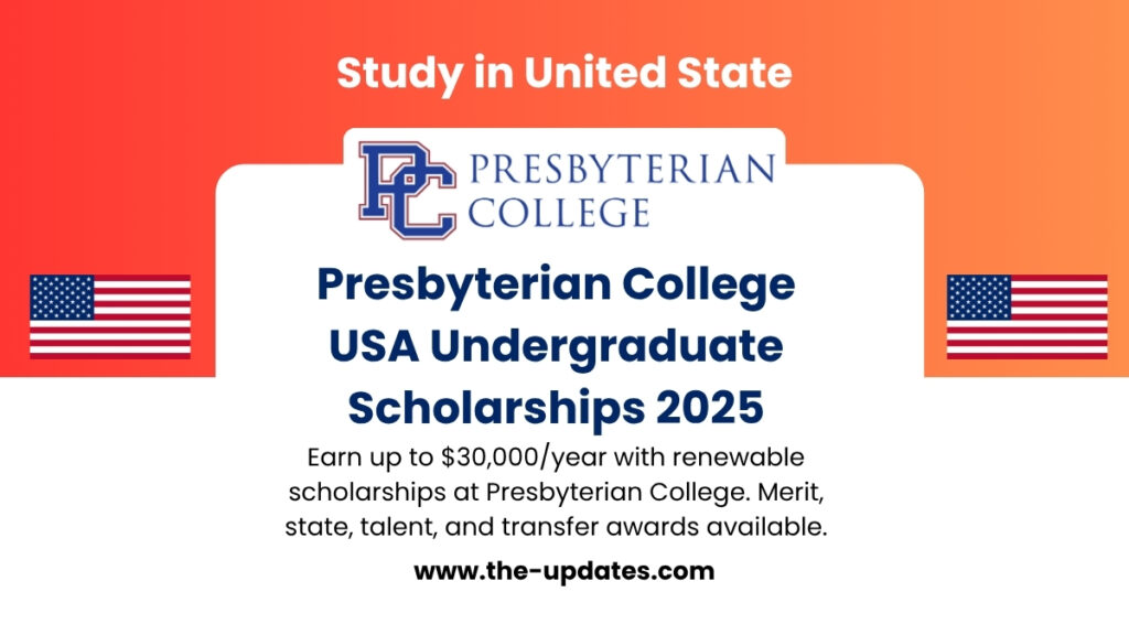 Presbyterian College campus building in South Carolina, promoting undergraduate scholarships for domestic and international students, 2025