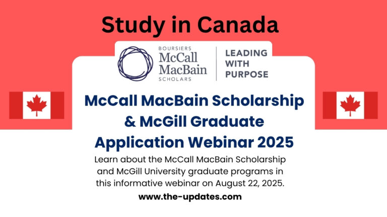 Students attending a virtual webinar about the McCall MacBain Scholarship and McGill University graduate programs, with presentation slides and speaker panel on screen.