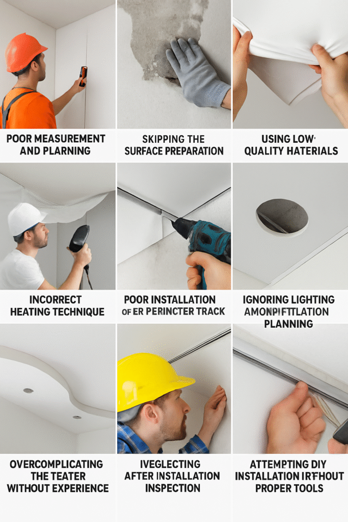 A 3x3 grid of images showing common stretch ceiling installation mistakes, including poor planning, bad materials, and improper techniques.