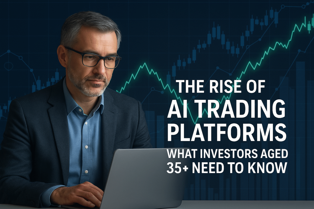 Middle-aged man in glasses using a laptop with financial charts in the background and text reading “The Rise of AI Trading Platforms – What Investors Aged 35+ Need to Know.