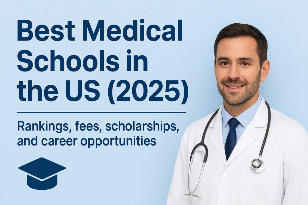 Smiling male doctor in white coat with stethoscope beside text “Best Medical Schools in the US (2025): Rankings, fees, scholarships, and career opportunities” on a light blue background.