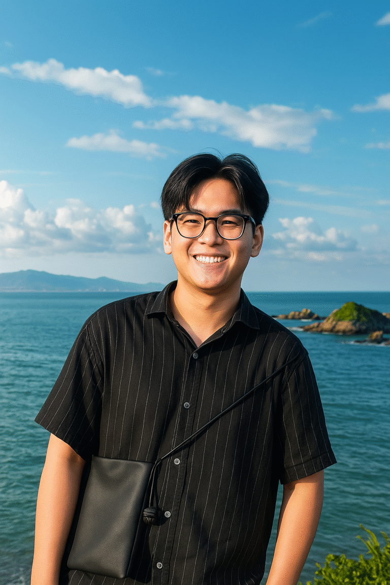 A young man with glasses, wearing a black pinstriped shirt and crossbody bag, smiling while standing outdoors by the sea with blue water, small rocky islands, and a bright sky with scattered clouds in the background.