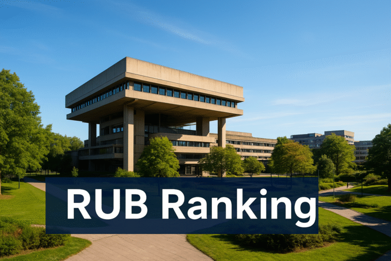 Ruhr-Universität Bochum main campus building with greenery and blue sky, featuring RUB Ranking banner in the foreground.